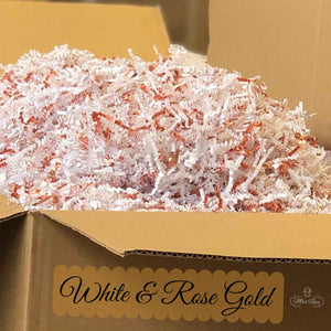 White and Rose Gold Crinkle Paper Shredded Filler in All Sizes